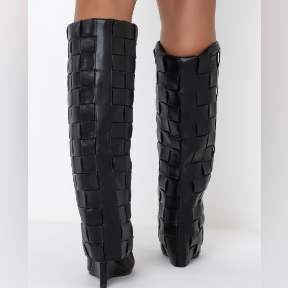 Azalea Wang Black Leather Tall Slouchy Knee High Wedge Boot - Picture 4 of 5